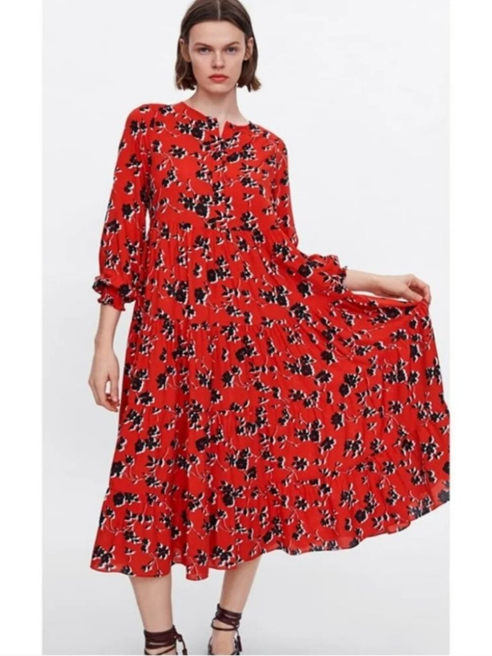 ZARA Angel Midi Maxi Red Black Floral Smock Flared Tiered Dress (Size: M)